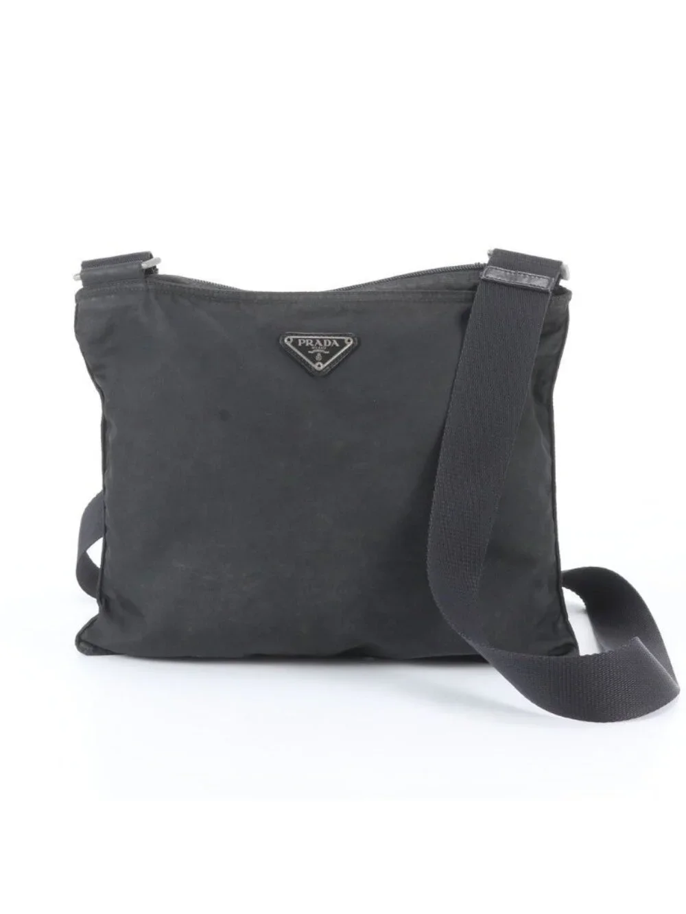 Prada Tessuto Nylon Triangle Logo Leather Shoulder Bag Crossbody Messenger Black
